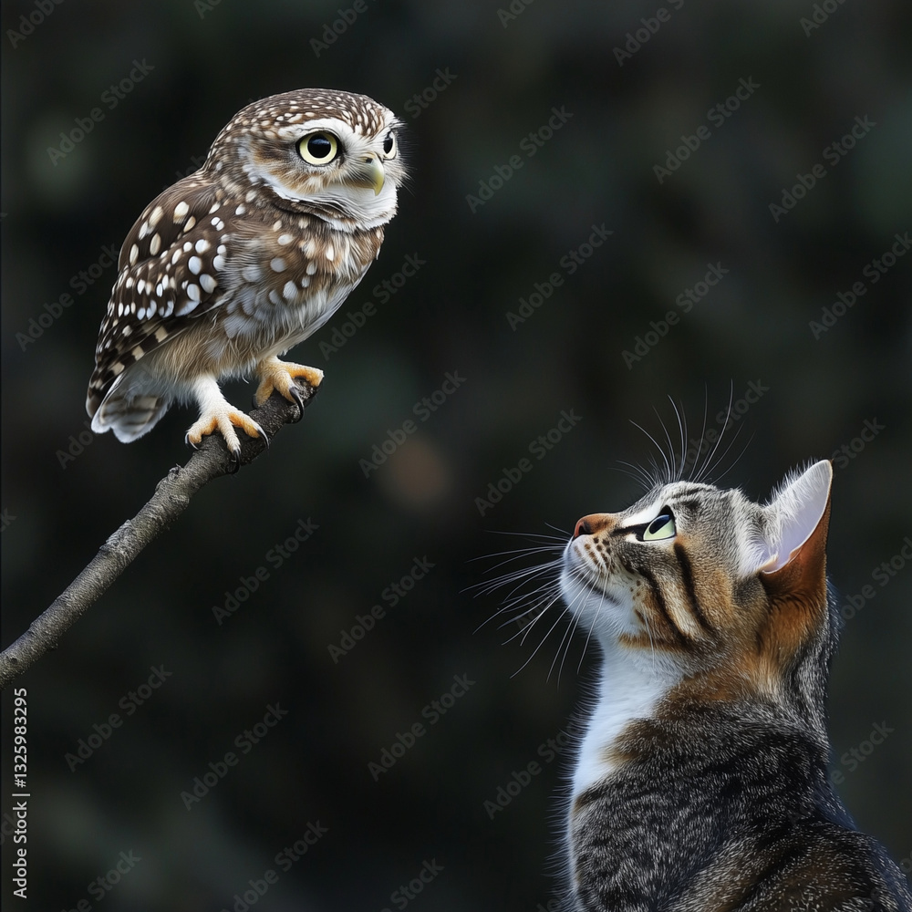 a small owl stands on a thin branch and stares down from the top at the cat