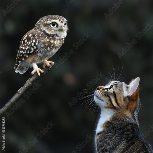 Obraz na płótnie a small owl stands on a thin branch and stares down from the top at the cat w salonie