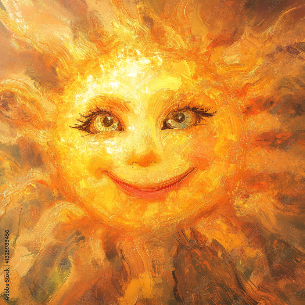 the sun that has eyes and a mouth, is smiling