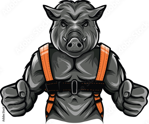 Muscular rhino wearing orange harness