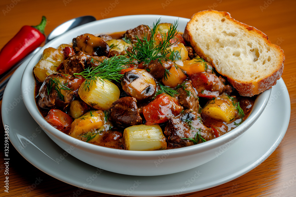 a bowl of vegetable and meat ragout with mushrooms, leeks, dill leaves, a bowl of vegetable and meat ragout with mushrooms, leeks, dill leaves,