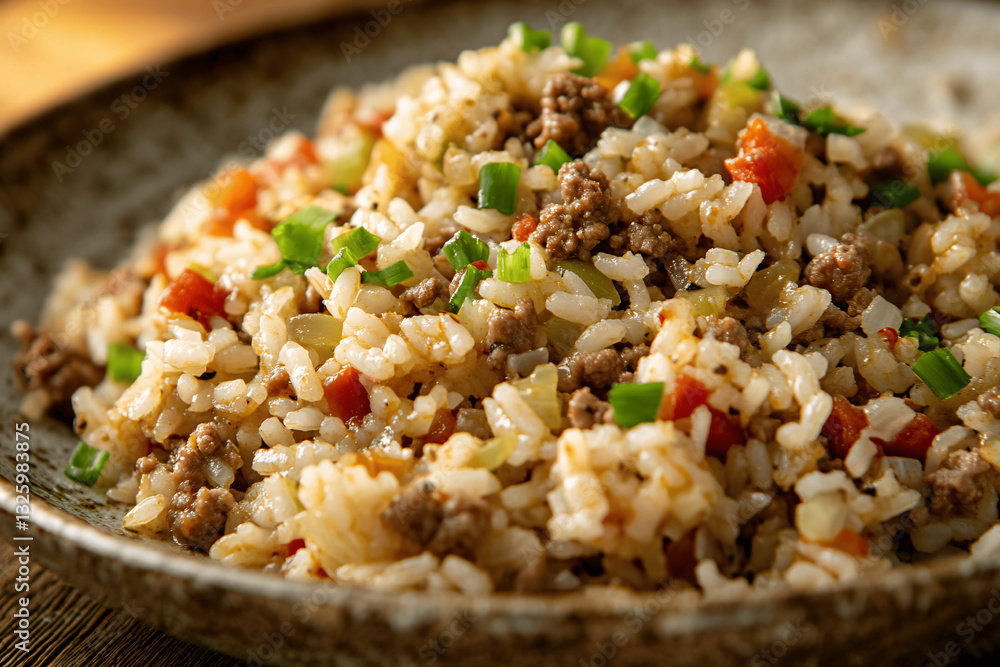 Louisiana Dirty Rice with Cajun spices, ground meat, and fresh green onion garnish Louisiana Dirty Rice with Cajun spices, ground meat, and fresh green onion garnish