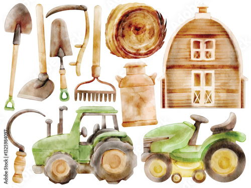 Watercolor Farming Equipment Illustration Set, Hand Paint, Vintage, Agriculture, Tractor, Barn, Milk Can, Sickle, Shovel, Rake, Gardening Tools, Farm Machinery, Rustic, Countryside, Rural Life