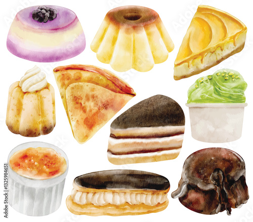 Watercolor Dessert Illustration Set, Hand Paint, Cute, Realistic, Cake, Tart, Cheesecake, Pudding, Pastry, Ice Cream, Chocolate, Bakery, Sweet Food, Culinary Art