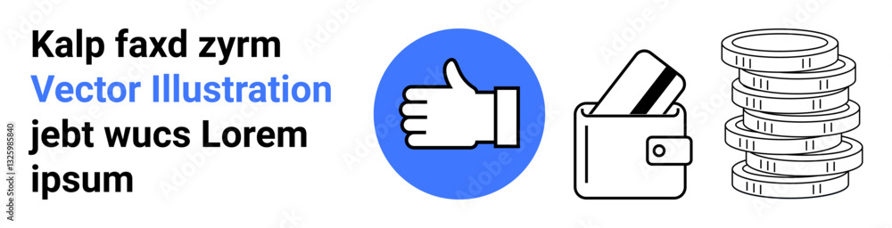 Thumbs up hand gesture in blue circle, wallet with credit card, stack of coins, suggesting financial success and satisfaction. Ideal for business growth, achievements, customer satisfaction, online Thumbs up hand gesture in blue circle, wallet with credit card, stack of coins, suggesting financial success and satisfaction. Ideal for business growth, achievements, customer satisfaction, online
