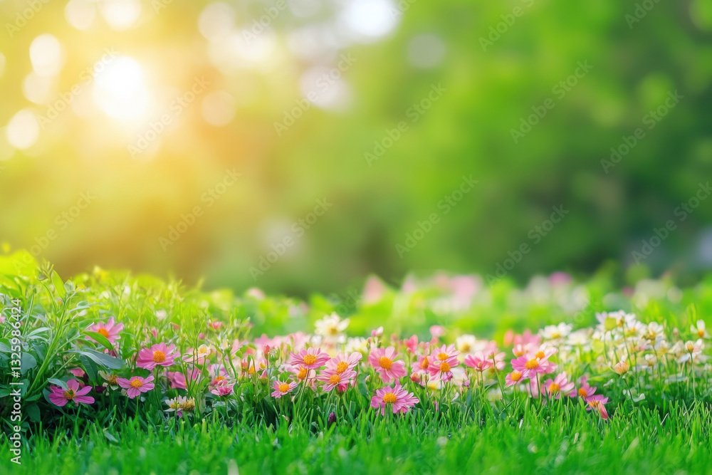 Fototapeta premium Beautiful multi-level flower bed on green lawn with vibrant colors and natural light.