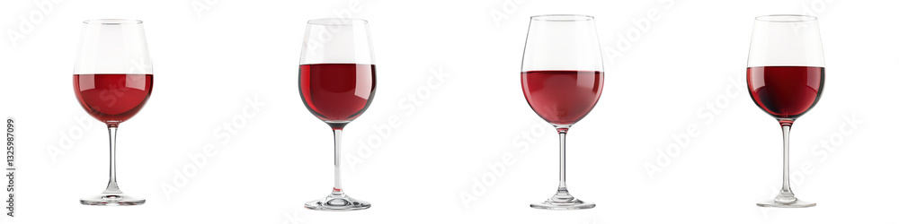 Four transparent red wine glasses arranged on a plain background showcasing the refined elegance of the glassware and the deep rich color of the premium red wine Four transparent red wine glasses arranged on a plain background showcasing the refined elegance of the glassware and the deep rich color of the premium red wine