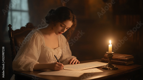 a Woman Writing a Letter in a Candlelit Setting
