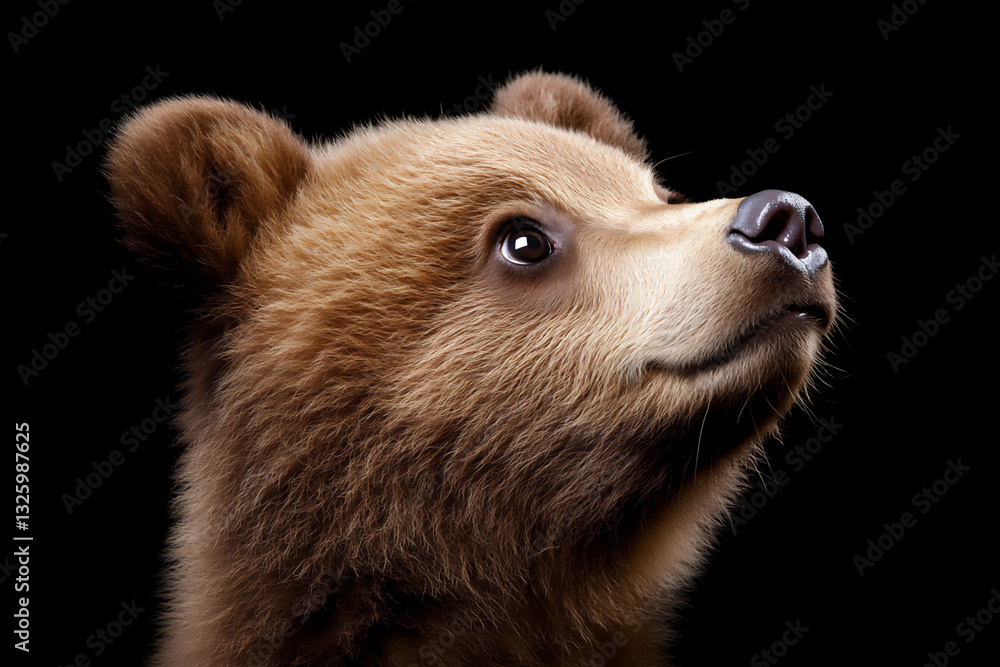 Obraz premium a brown bear, a highly detailed head shot against a black background,