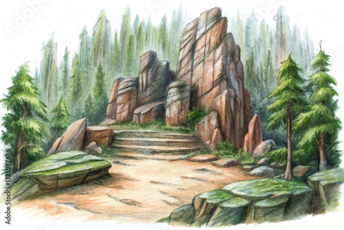 green forest with trees and rocky stage hand drawn sketch