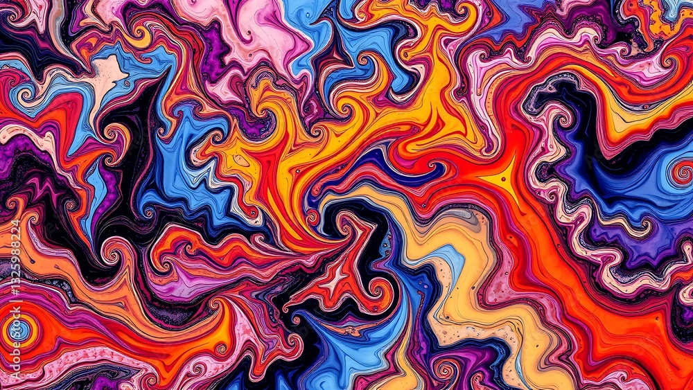 vibrant abstract painting with variety of colors, including blues, greens, yellows, and reds, composed swirls shapes, creating mesmerizing effect vibrant abstract painting with variety of colors, including blues, greens, yellows, and reds, composed swirls shapes, creating mesmerizing effect