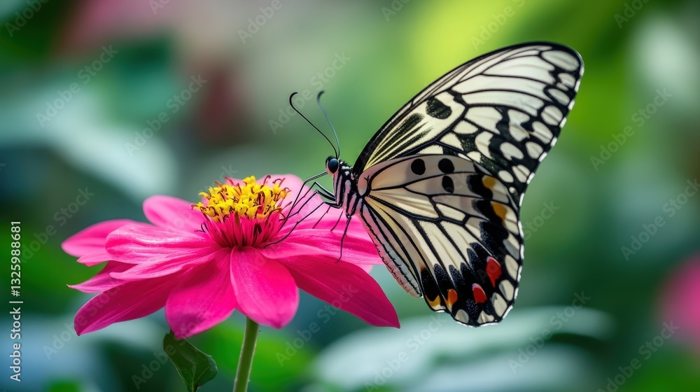 A striking black and white butterfly perched gracefully on a vibrant pink flower, its wings elegantly unfurled as it faces to the right, creating a captivating contrast against the soft bloom A striking black and white butterfly perched gracefully on a vibrant pink flower, its wings elegantly unfurled as it faces to the right, creating a captivating contrast against the soft bloom