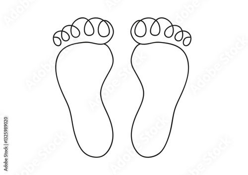 black vector continuous line drawing of human foot prints isolated on white background with copy space for your text