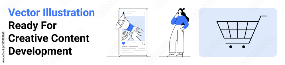 Smartphone with a megaphone, woman thinking about ideas, shopping cart. Ideal for e-commerce, online marketing, creative thinking, advertising, retail, branding flat landing page banner Smartphone with a megaphone, woman thinking about ideas, shopping cart. Ideal for e-commerce, online marketing, creative thinking, advertising, retail, branding flat landing page banner