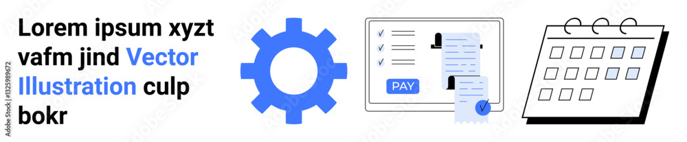 Blue gear, billing statement with receipt, and calendar showcasing task automation, payment tracking, and scheduling. Ideal for finance, project planning, consulting, automation workflow reminders Blue gear, billing statement with receipt, and calendar showcasing task automation, payment tracking, and scheduling. Ideal for finance, project planning, consulting, automation workflow reminders
