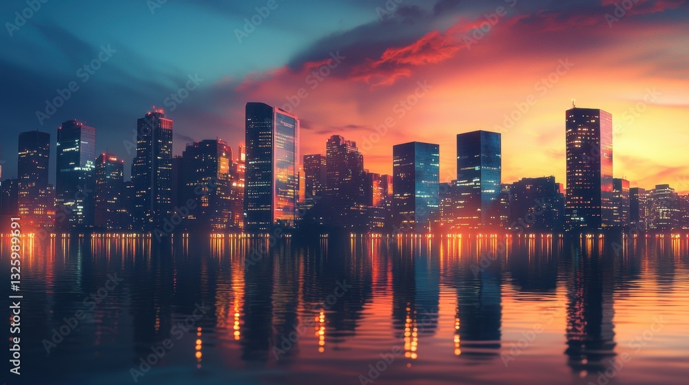 Fototapeta premium City skyline illuminated by sunset with vibrant colors reflecting on water in urban landscape