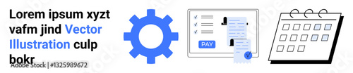 Blue gear, billing statement with receipt, and calendar showcasing task automation, payment tracking, and scheduling. Ideal for finance, project planning, consulting, automation workflow reminders
