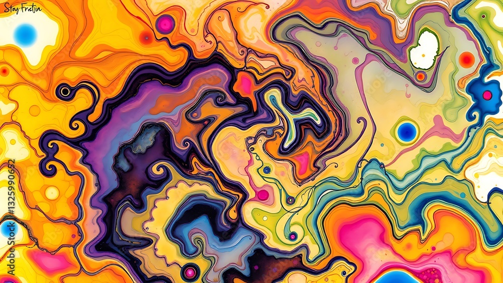 vibrant abstract painting with variety of colors including yellow, orange, red, blue, green, pink, purple, and white, watermark in top left corner, giving unique look vibrant abstract painting with variety of colors including yellow, orange, red, blue, green, pink, purple, and white, watermark in top left corner, giving unique look