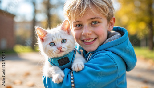 Smiling blonde boy in blue hoody with a white kitten wearing blue harness
