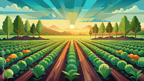Agricultural field with rows of green leafy vegetables and root crops growing in neat lines under the sunrise, showcasing efficient farming