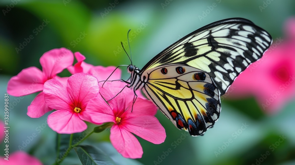 Fototapeta premium A vibrant butterfly rests on a delicate pink blossom, wings majestically unfurled. Its gaze turns gently to the right, creating a serene tableau in nature's embrace
