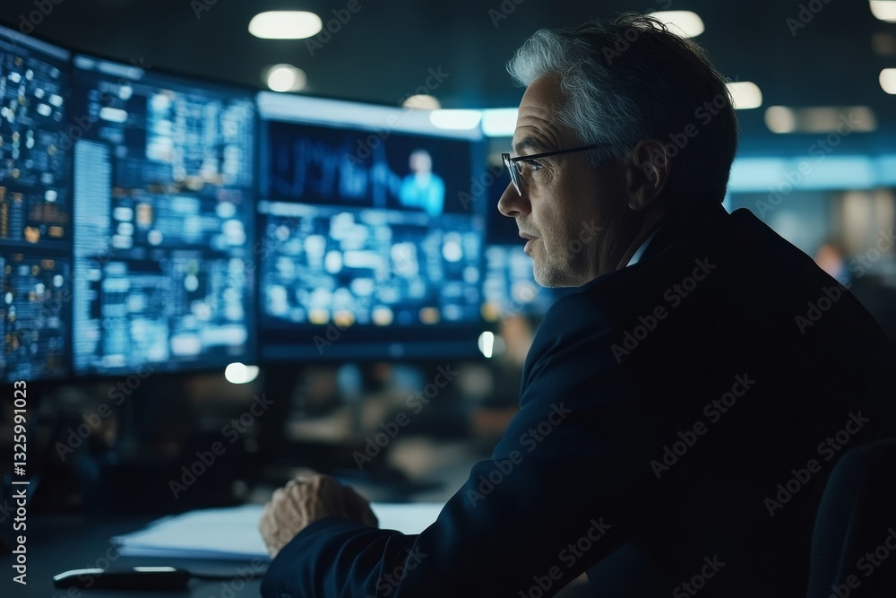 Businessman Analyzing Data on Multiple Screens in Modern Office Businessman Analyzing Data on Multiple Screens in Modern Office