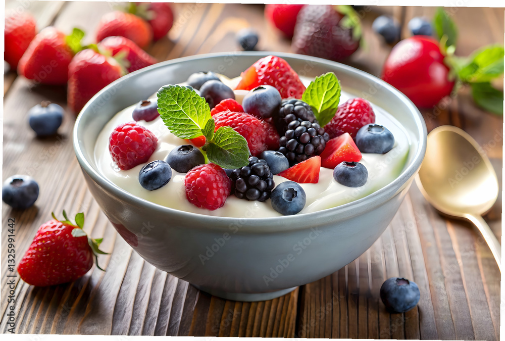 Yogurt with mixed berries offering a nutritious and delicious combination of creamy and fruity flavors Yogurt with mixed berries offering a nutritious and delicious combination of creamy and fruity flavors