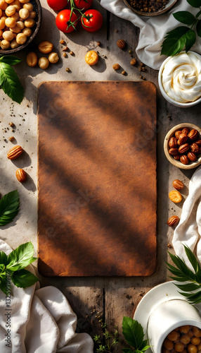 Obraz na płótnie rustic menu mockup with wooden board surrounded by fresh ingredients and herbs top view w salonie