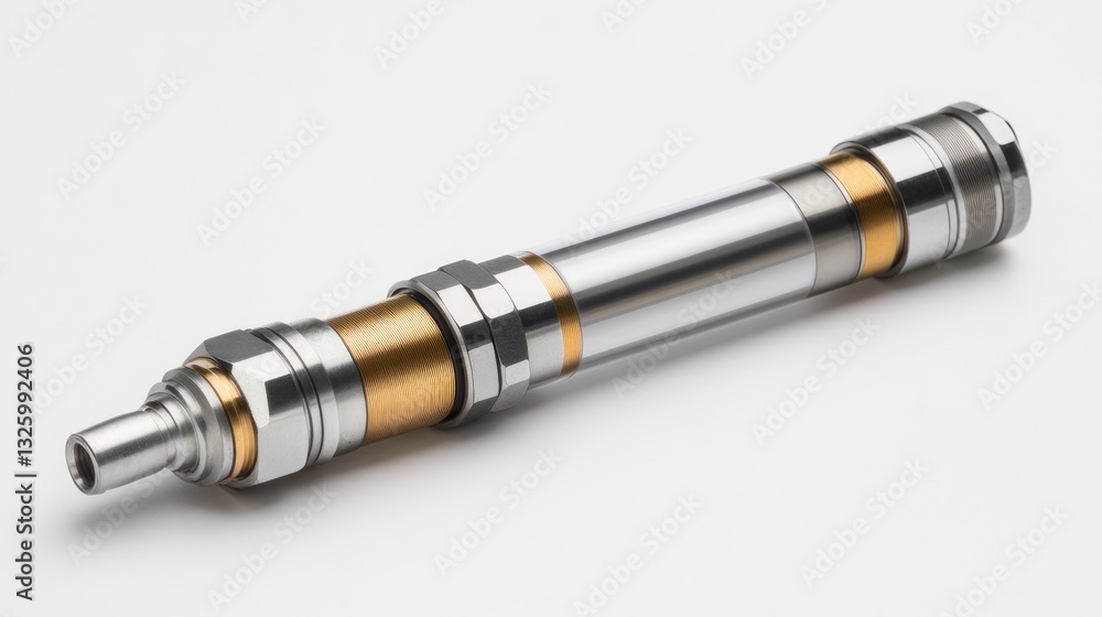 Close-up of a precision-engineered metallic component with gold accents, isolated on white. Close-up of a precision-engineered metallic component with gold accents, isolated on white.