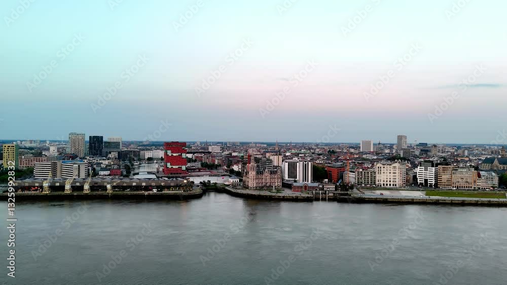 Skyline of Antwerp, Belgium, along the North Sea with a cityscape and waterfront views Skyline of Antwerp, Belgium, along the North Sea with a cityscape and waterfront views