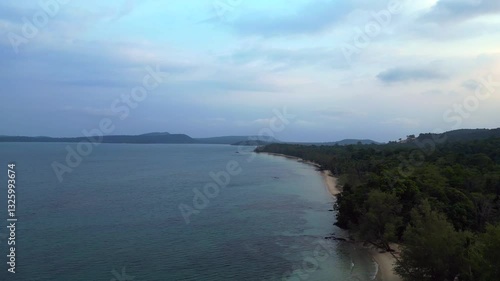Wallpaper Mural cambodia Koh Rong island, capturing the essence of tropical paradise with its lush palm trees, vibrant turquoise waters, and traditional stilt houses. Wonderful aerial view overflight flyover drone Torontodigital.ca