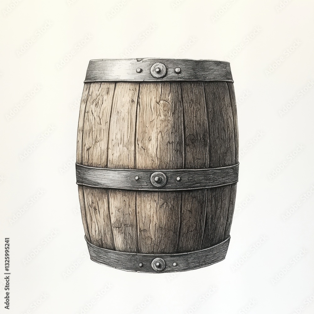 Fototapeta premium Rustic wooden barrel adorned with metal bands, ideal for storage or decoration in a countryside setting