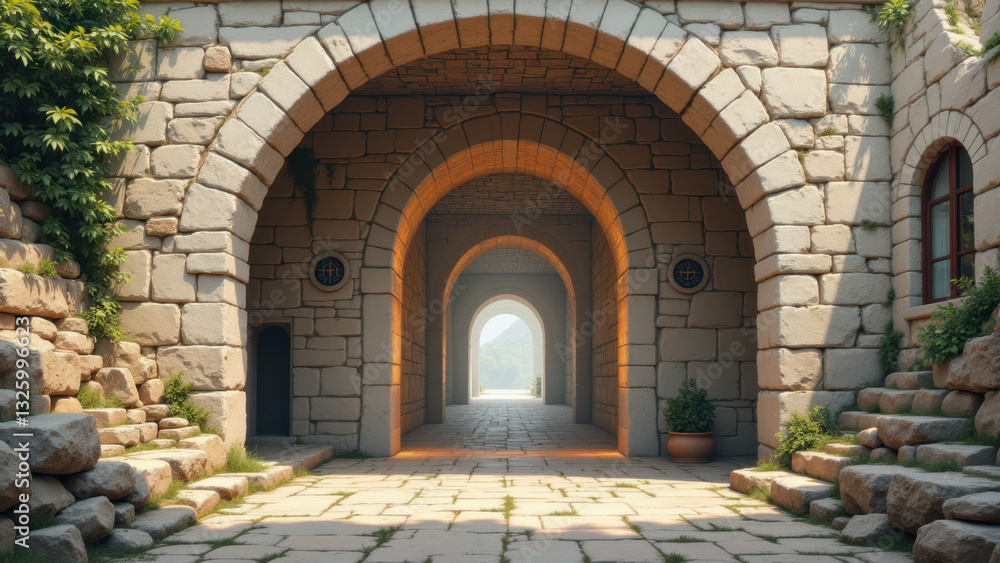 Obraz premium Ancient stone archway entrance to a serene courtyard with Christian architecture elements.