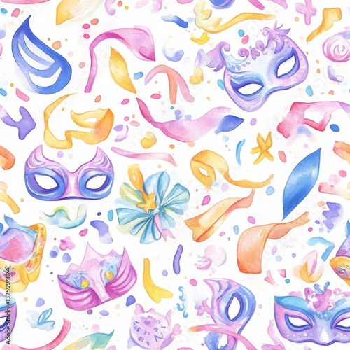 Colorful watercolor doodle of playful masks and ribbons conveying a festive atmosphere