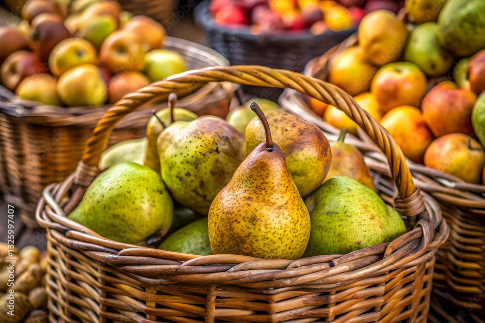 Worn pear in a wicker basket for sale at a bustling fruit market with other fresh seasonal produce Worn pear in a wicker basket for sale at a bustling fruit market with other fresh seasonal produce