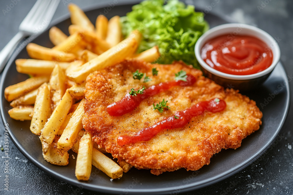 Delicious crispy chicken schnitzel with french fries and ketchup eat food meal dish meat plate tasty Delicious crispy chicken schnitzel with french fries and ketchup eat food meal dish meat plate tasty