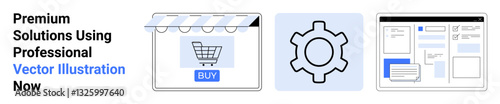 Digital storefront with shopping cart icon, gear for settings or customization, and user interface layouts. Ideal for e-commerce, web design, branding, business, technology, startups flat landing