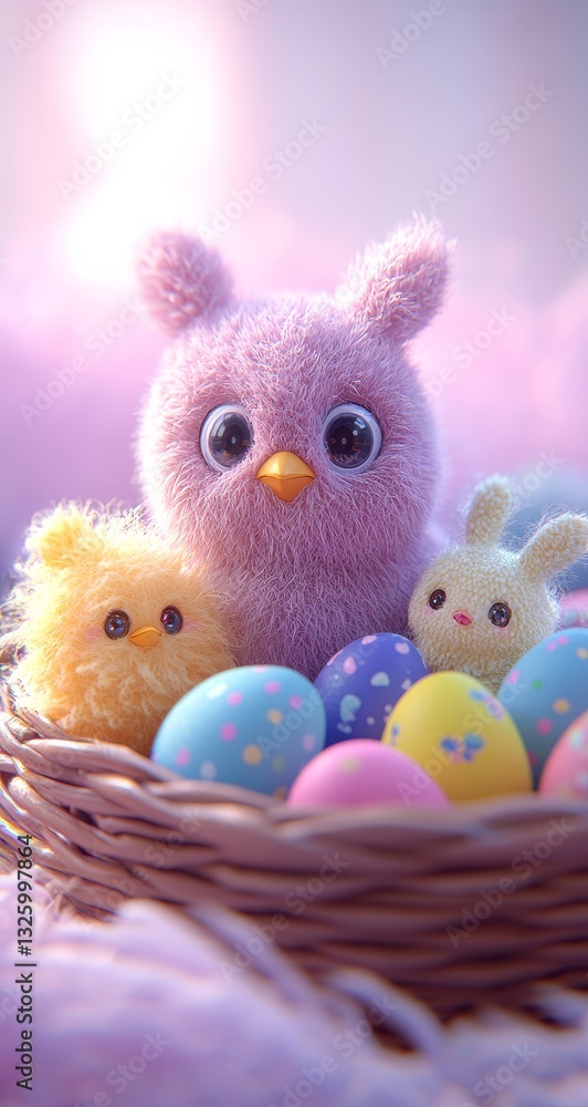 Fototapeta premium Adorable fluffy chicks and bunny nestled in a wicker basket with pastel Easter eggs. A perfect springtime scene