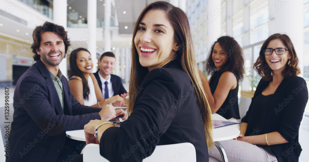 Obraz premium Laughing, happy or business people in portrait for meeting, confidence or practice in workplace. Teamwork, legal attorneys and face of proud lawyer at law firm for court case, litigation and justice