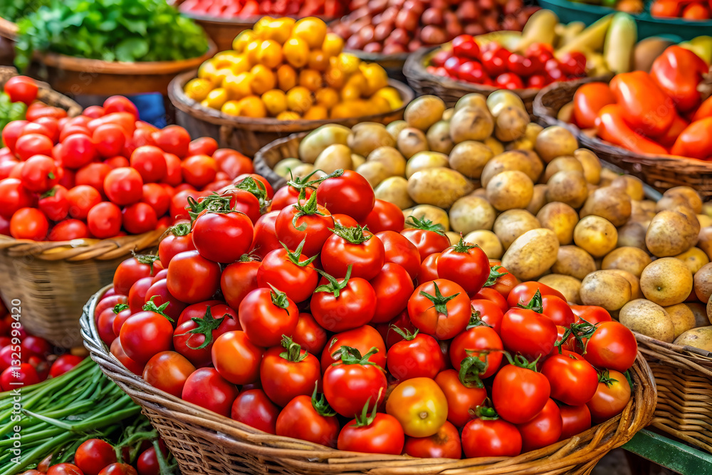 Fresh tomatoes and potatoes displayed in a market stall with vibrant colors and organic farm freshness Fresh tomatoes and potatoes displayed in a market stall with vibrant colors and organic farm freshness