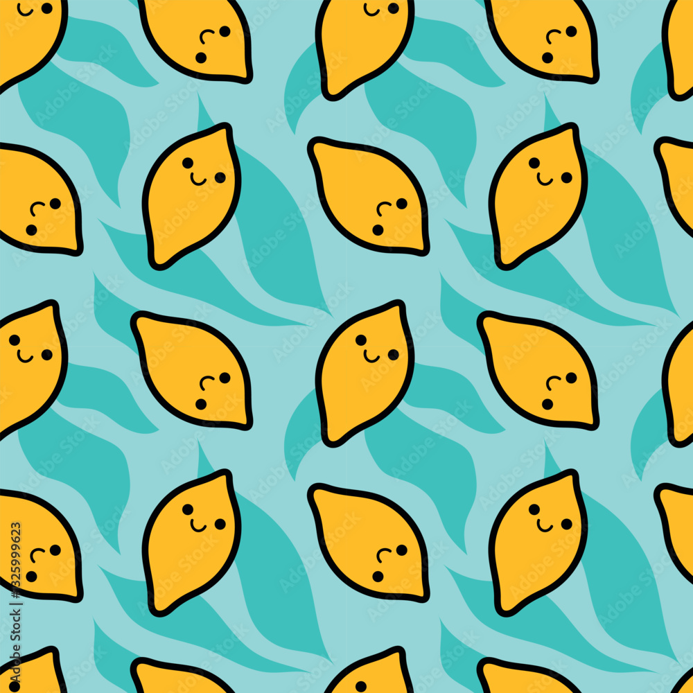 Fototapeta premium Kawaii lemon seamless pattern. Funny character lemon and leaves on a turquoise background. Summer vector illustration for baby clothes, background, packaging, paper, bed linen, fabric