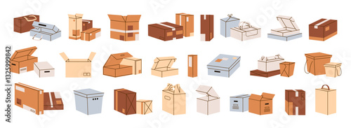 Open and closed cardboard boxes set. Paper packages, cartons, parcels with different shapes and size. Containers for moving, carrying, delivery. Flat isolated vector illustrations on white background