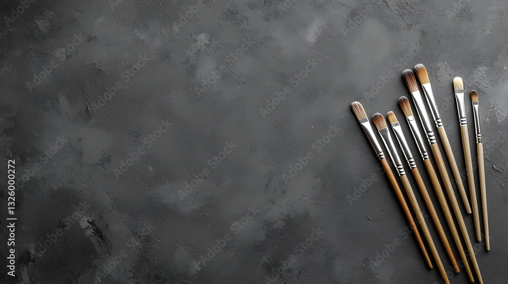 A collection of paintbrushes arranged on a textured gray surface, suggesting creativity and artistic expression. A collection of paintbrushes arranged on a textured gray surface, suggesting creativity and artistic expression.