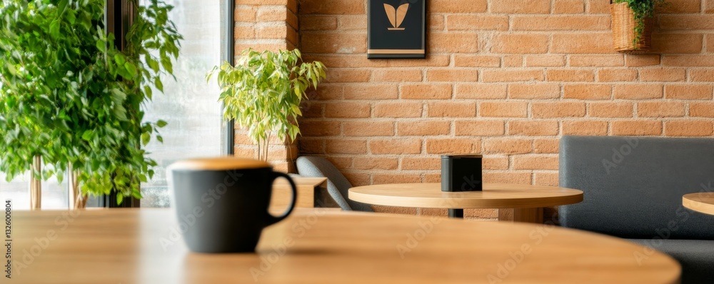 A trendy loft coffee shop with polished surfaces, open shelves, and an artistic touch A trendy loft coffee shop with polished surfaces, open shelves, and an artistic touch