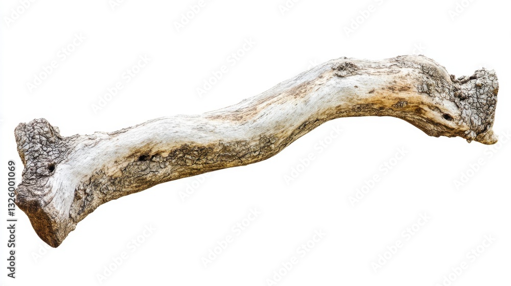 A weathered, twisted driftwood log lying on a sandy beach, with gentle waves in the background A weathered, twisted driftwood log lying on a sandy beach, with gentle waves in the background