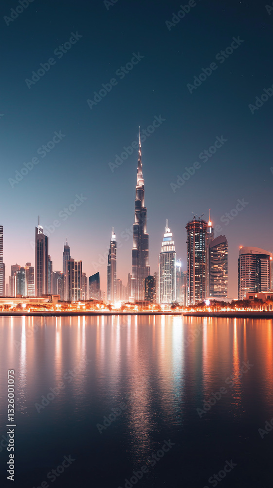 Naklejka premium A dazzling city skyline at night, illuminated by neon lights reflecting over calm waters, evoking a cyberpunk aesthetic. 