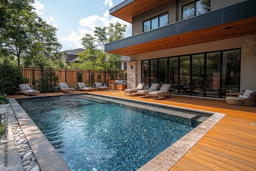 Wallpaper Mural Modern pool with wooden deck and outdoor lounge chairs, surrounded by an elegant fence in a Montreal backyard under a blue sky. Torontodigital.ca