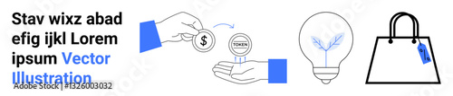 Hand exchanging dollar coin, hand holding token, lightbulb symbolizing innovation, and shopping bag with tag. Ideal for finance, trade, innovation, commerce, marketing e-commerce flat landing page