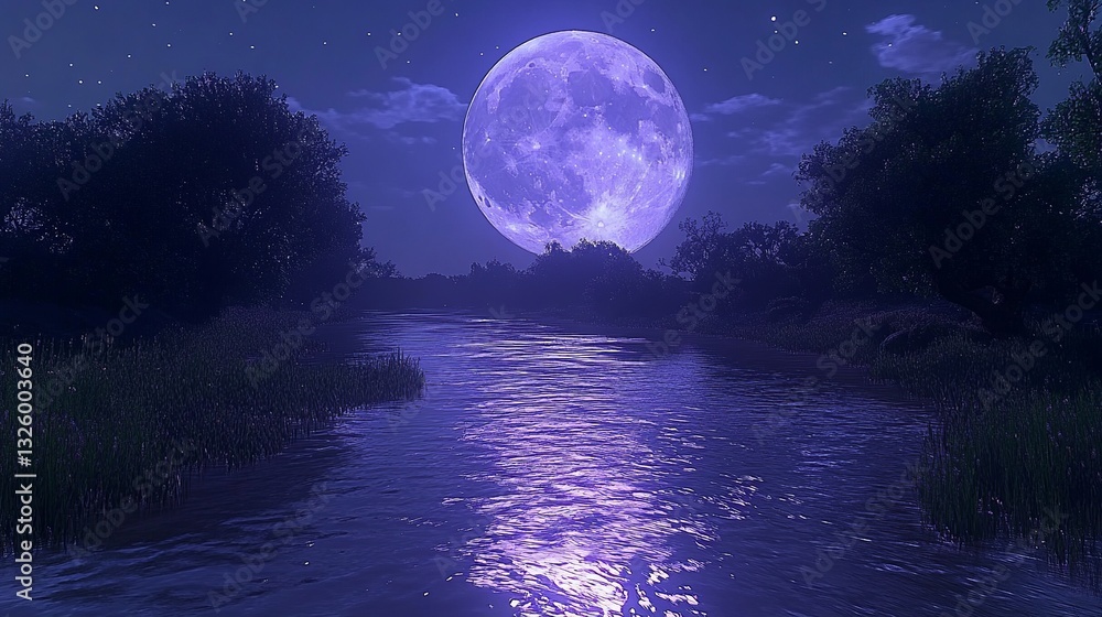 Naklejka premium a serene night scene with a large luminous moon reflected in a calm river.
