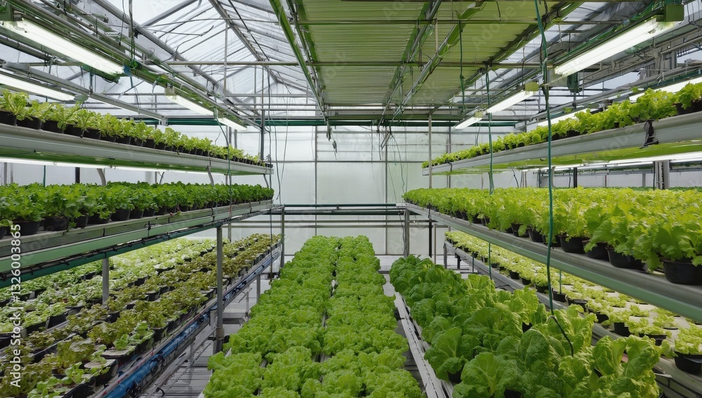 Rows of lush green lettuce grow under artificial lights in a well-structured greenhouse. The environment is designed to optimize plant growth with ample space and light